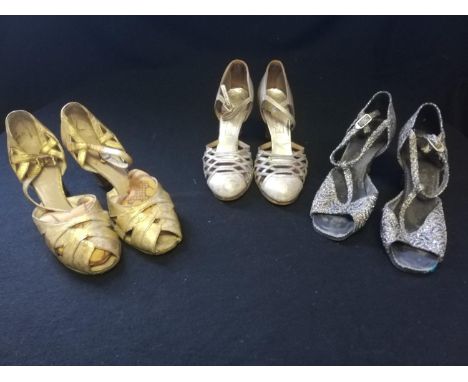 2 pairs ladies vintage silver sandals and 1 pair ladies gold sandals