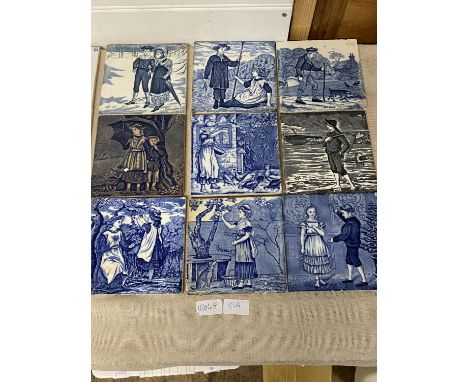 Nine antique Josiah Wedgewood antique ceramic tiles depicting months of the year 