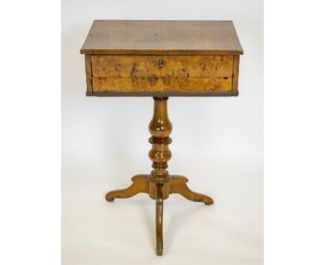 WORK TABLE, 71cm H x 50cm x 37cm, 19th century Continental walnut and burr walnut with book matched veneers, lid enclosing fi