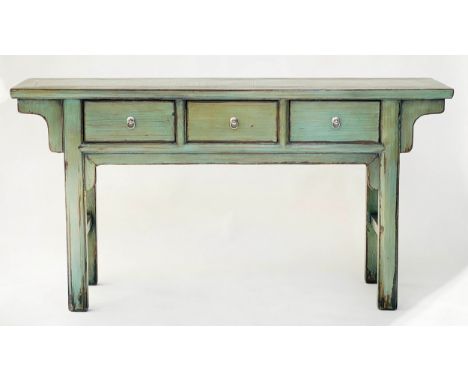 CHINESE HALL/CONSOLE TABLE, green lacquered and silvered metal mounted with three frieze drawers, 162cm W x 41cm D x 86cm H. 