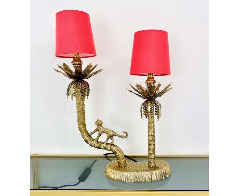 TABLE LAMP, 50cm high, 32cm wide, 15cm deep, two branch in the form of a monkey climbing a tree, with shades. 