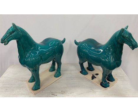 TANG STYLE SCULPTURAL HORSES, a pair, 62cm H, glazed ceramic. (2) 