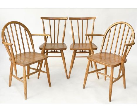 ERCOL CHAIRS, a pair, armchairs solid elm with hoop arched backs together with a pair solid elm side armchairs, 60cm W (stamp