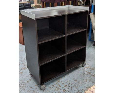 MEDIA CONSOLE, 95cm x 590cm x 114cm, contemporary dark wood design on castors, galleried top. 