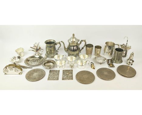 COLLECTION OF SILVER PLATED ITEMS, comprising candelabra, tea service trays, dishes, punch cups, mugs, tea service, various c
