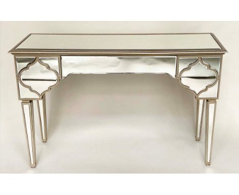 JULIAN CHICHESTER STYLE CONSOLE TABLE, silvered and mirrored with tapering supports, 120cm x 40cm x 76cm H. 