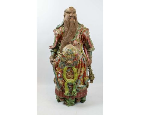 CHINESE WARRIOR FIGURE, hand modelled ceramic in multi-coloured painted finish, 96cm H x 40cm. 