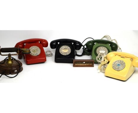 Five vintage telephones comprising a red, black, cream, green plastic phone and a 1930s General Electric Co K.7864 Bakelite h