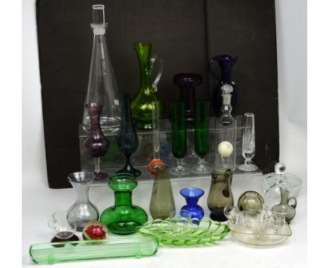 A quantity of mainly retro glassware to include a Dartington decanter, a Bristol blue jug, various green vases and bowls, ame