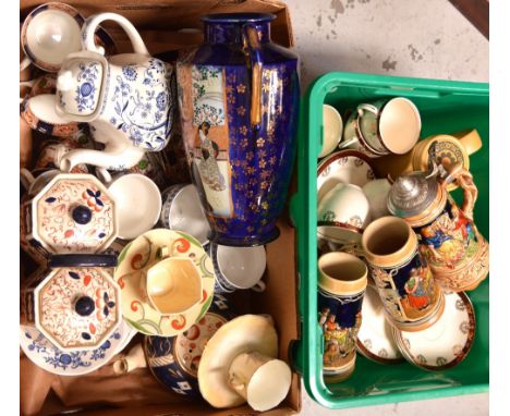 A quantity of ceramics to include a retro Kilncraft 'Bacchus' design coffee service, a double pot, Imari-style lidded storage