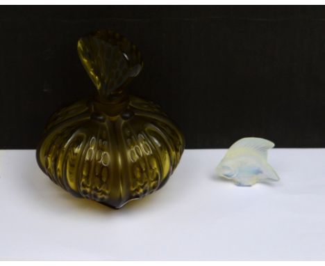 A Lalique 'Mirabel' olive green glass squat perfume bottle, etched 'Lalique' to base, height 15cm and an opalescent Lalique f