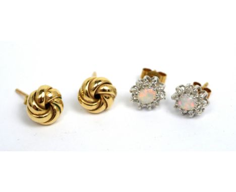 A pair of 9ct yellow and white gold oval opal and diamond stud earrings and a pair of 9ct yellow gold knot stud earrings, app