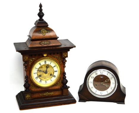 An oak-cased c1950s Smiths Enfield mantel clock, wood and silvered dial set with Arabic numerals and an early 20th century Ge