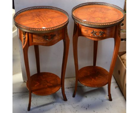 A pair of reproduction Continental-style mahogany inlaid ormolu-mounted side tables with pierced gallery top, single drawer, 