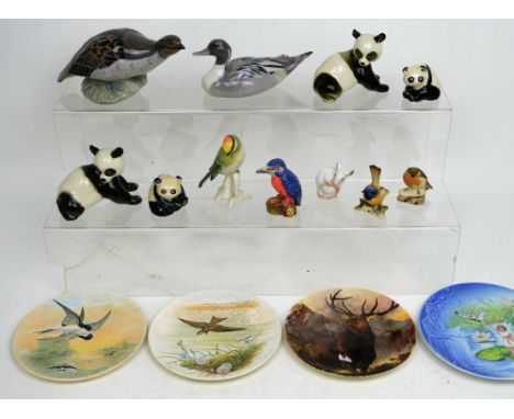 A collection of animal and bird figures to include a Royal Copenhagen partridge, a Royal Copenhagen duck, a group of four Rus