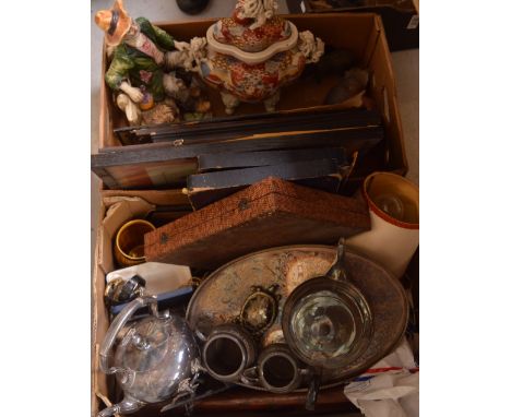 A collectors' lot to include a silver-plated tea service comprising teapot, milk jug and twin-handled sugar bowl, a cased six