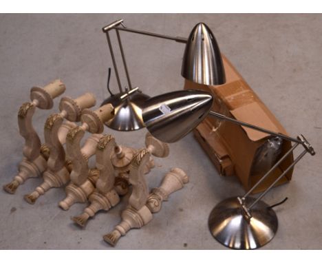 Two floor-standing Anglepoise lamps; one brown and gold example and a white example, a pair of silvered metal Anglepoise desk