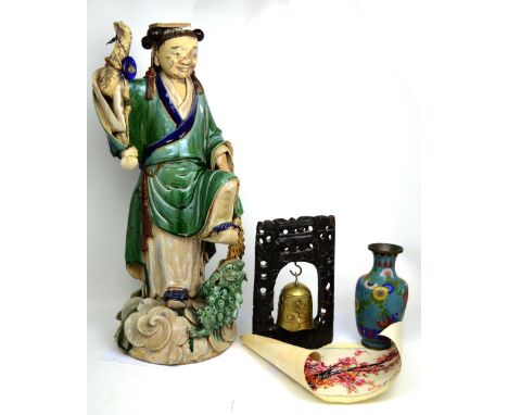 A large early 20th century Chinese pottery figure/plant stand of man with wheat and chan, height 80cm, a Chinese cloisonné va