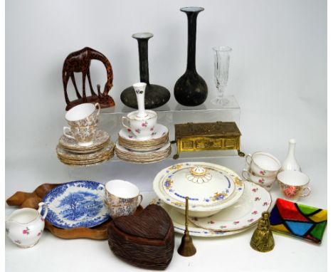 A selection of decorative ceramics, a Colclough part tea service, Crown Royal tea service, treen etc.