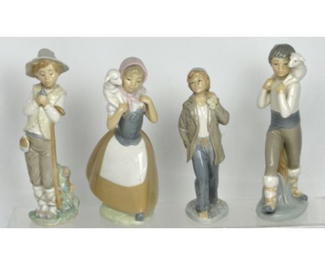 Four Nao figures to include a young girl in sun hat with blue bird, a young girl in Edwardian dress with parasol, an owl and 