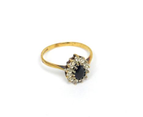 A 9ct gold pear-shaped sapphire and diamond ring, size J, approx 4.1g.