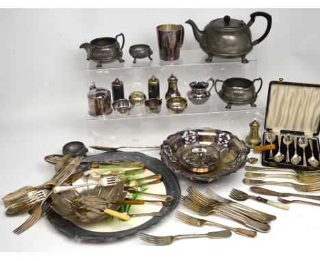 A quantity of plated and other metalware to include a BMF tray with ceramic centre decorated with daffodils, a pewter part te