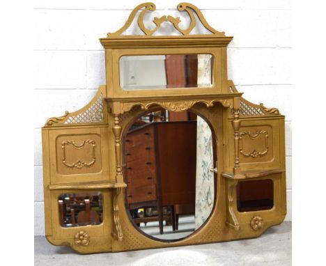 A mahogany fret-carved rectangular wall mirror, height 72cm and a gold-painted overmantel mirror, rectangular mirror over she