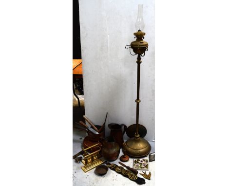 A selection of 19th century copper and brass items together with a late Victorian floor-standing oil lamp (2).