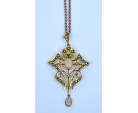 A 9ct yellow gold Art Nouveau opal and seed pearl set pendant/brooch on a yellow metal curb chain, length of pendant 5.5cm, w