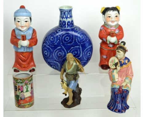 An Oriental group to include a large blue and white flask vase, height 27cm, two modern figures of laughing Japanese boy and 