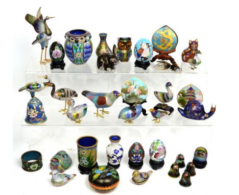 Approximately sixty cloisonné miniatures and boxes to include an owl, tortoise, various birds, a snail, small vase, small tri