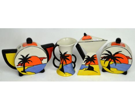 A four-piece Lorna Bailey tea service 'Key West' pattern comprising teapot, coffee pot, jug and oval container (4).   CONDITI