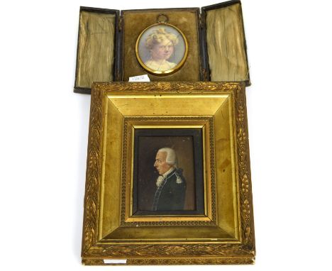 A 19th century miniature oil on tin, reputedly of Warren Hastings, in an ornate gilded frame, 8.5 x 6cm and an Edwardian wate
