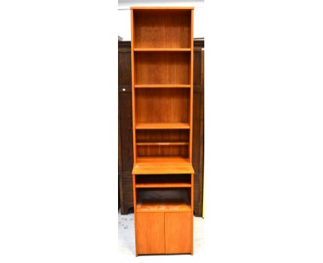 A contemporary four-shelf bookcase, approx 132 x 50cm and a small matching cupboard with upper shelf above two cupboard doors