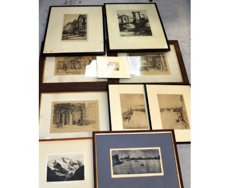 A collection of framed etchings and engravings, architectural and landscape subjects and two amateur watercolours etc (12).  