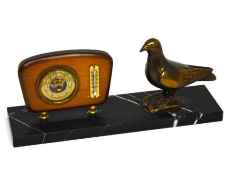An Art Deco barometer and thermometer set on marble base with spelter dove decoration, length 35cm.
