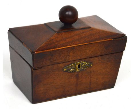A 19th century rosewood sarcophagus tea caddy with brass escutcheon, 16 x 20cm.