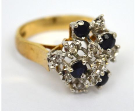 A 9ct yellow gold abstract spray diamond and black stone set ring, size M, approx 4.7g.