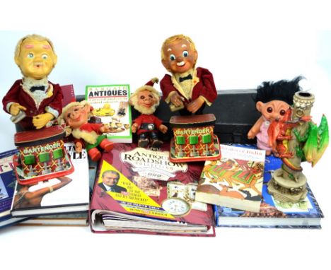 A pair of Japanese battery-operated tin plate automaton figures 'Bartender', a fitted violin case and a selection of antiques
