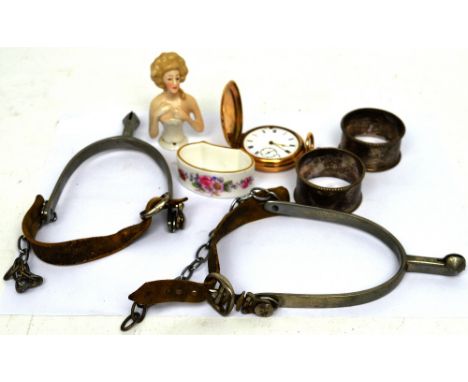 A plated pocket watch, a pair of vintage stirrups, porcelain head for a doll, a Crown Derby napkin ring and a pair of hallmar