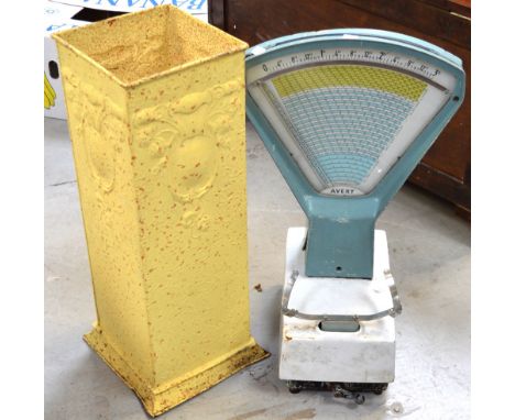 A set of vintage commercial Avery grocers' scales (missing pan), together with a tall painted metal planter (2).