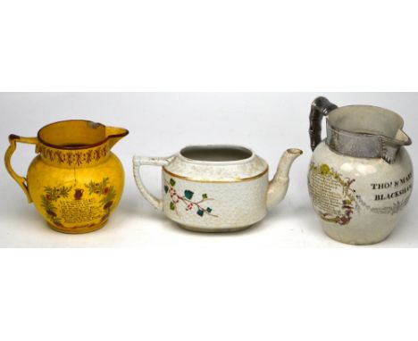 Two 19th century Staffordshire jugs to include a marriage jug for Thomas and Mary Blackshaw, hand-painted over transfer to on