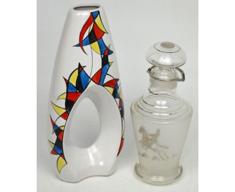 A Deborah Wood Art Deco style shaped vase with central window, height 32cm and a 1920s-30s glass decanter with crackle and si