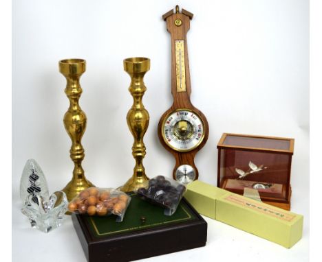 A collectors' lot to include two large brass candlesticks, an oak barometer and thermometer, a Japanese sculpture of cranes, 