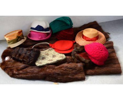 A vintage c1940s ladies' full-length fur coat and a quantity of vintage hats to include cloche-style and c1960s velvet hats, 
