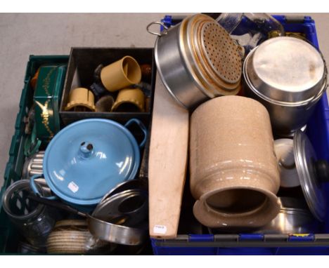 A quantity of vintage kitchenalia to include jelly moulds, large enamel pans, mincer, various flatware, vintage tiles, storag