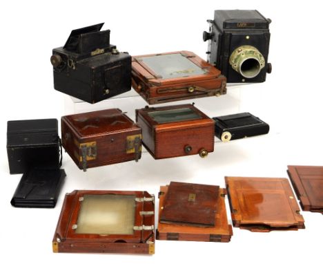 Several early 20th century plate cameras to include an Ensign Focal plane reflex, a C.P. Goerz Anastigmat no362451, an Apem r