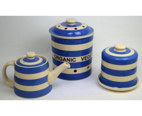 Three pieces of T G Green blue and white Cornish ware; a large organic waste pot, a large one-gallon teapot and a cheese bell