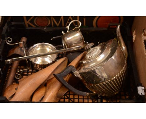 A quantity of collectors' items and silver plate to include a pair of shoe trees, brass candlestick, a silver-plated teapot, 