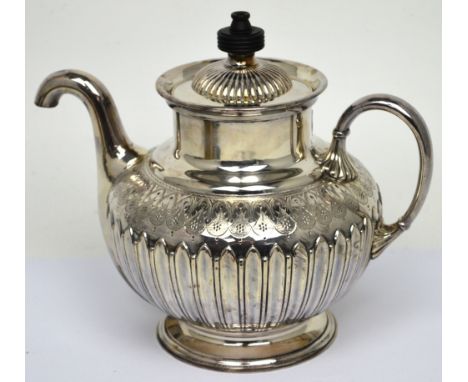 A Royles patent self-pouring teapot, no.6372, manufactured by James Dixon & Son with bright-cut and repoussé gadrooned decora